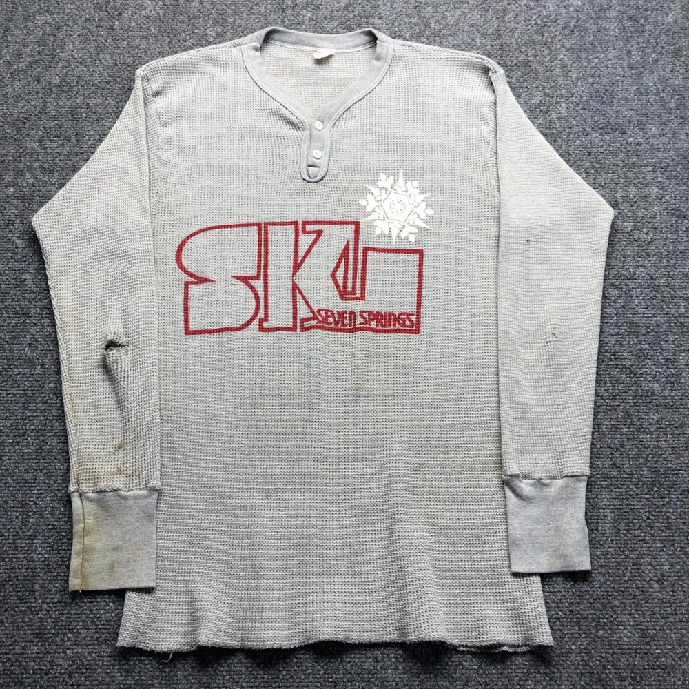 Vintage Fruit of the Loom Seven Springs Ski Thermal Henley Shirt Grey XL